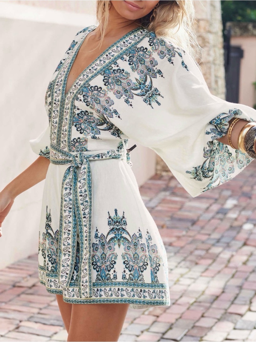 VENUS White Multi Linen Tie-Waist Romper | Boho Print | Lightweight Summer Fit